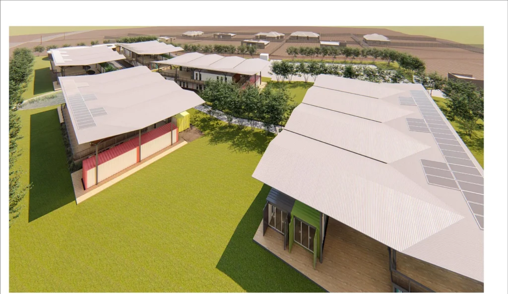 Aerial render of the clusters with solar panels on the roofs.