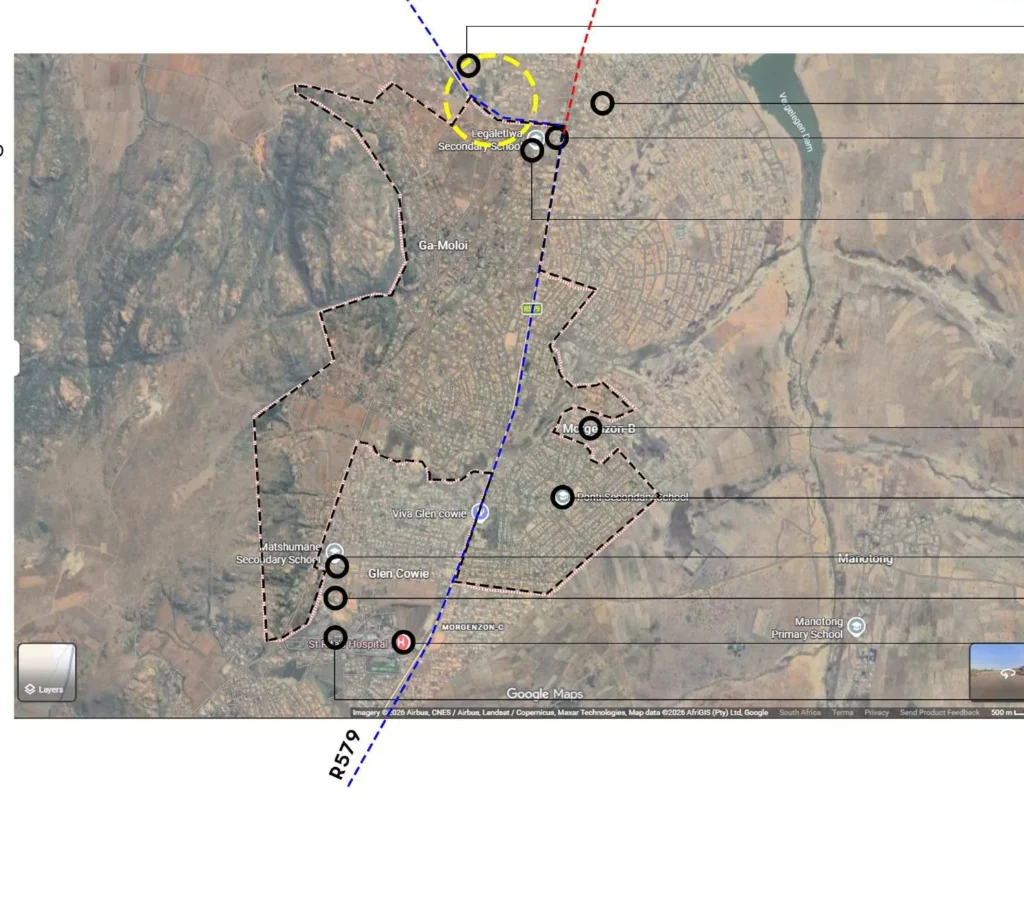 Map of Ga-Moloi showing the site and the secondary schools around it.