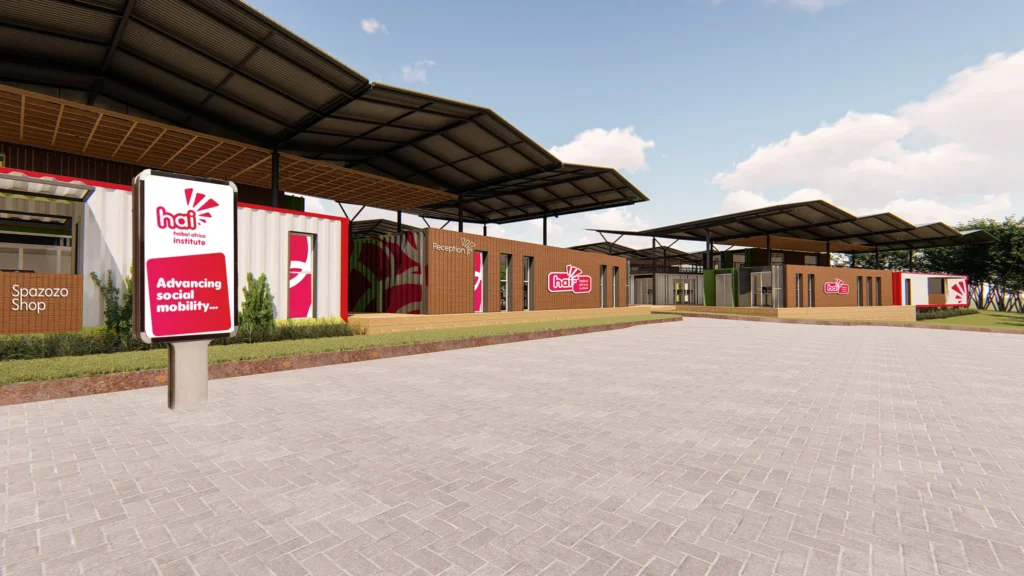 Render: the reception and Spazozo shop clusters, with a sign reading “Advancing social mobility”.