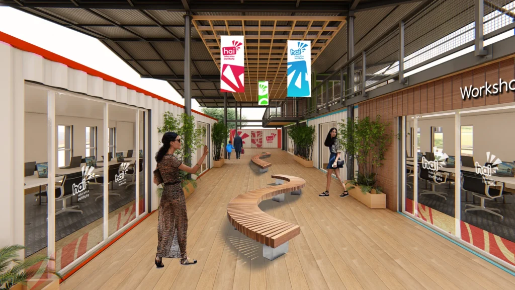 Render: a timber walkway between computer classrooms and the workshop.