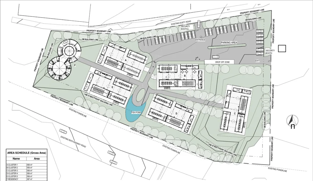 Site development plan: five clusters, the residency, parking, drop-off zone and fish pond.